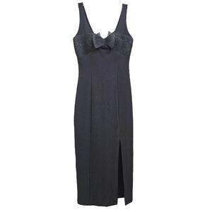 Vintage Marnie West Black Knit Bodycon Sleeveless Gown w/ Tulle Bow Bodice